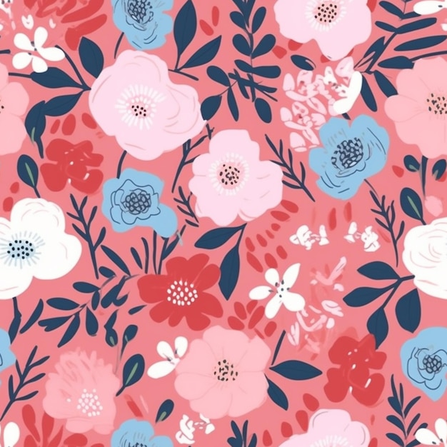 A pink and blue floral pattern with leaves and flowers generative ai