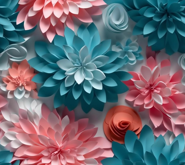 A pink and blue flower background with a red flower in the middle.