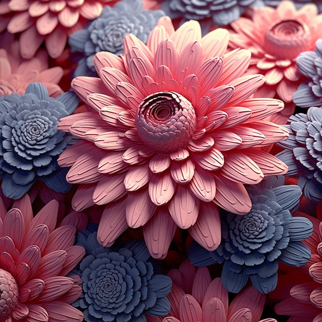 A pink and blue flower is surrounded by other flowers.