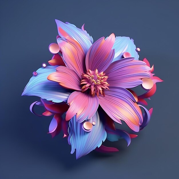 Foto un fiore rosa e blu con gocce d'acqua su di esso.