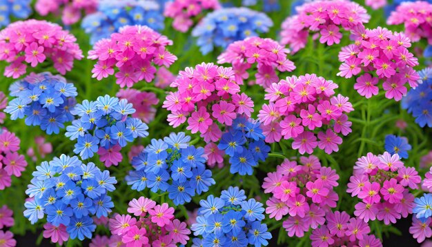 Pink and blue flowers Verbena close up