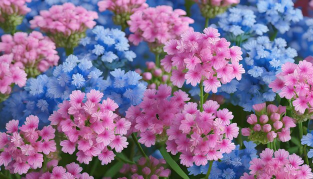 Pink and blue flowers Verbena close up