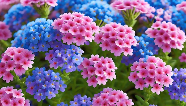 Pink and blue flowers Verbena close up