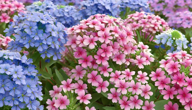 Photo pink and blue flowers verbena close up