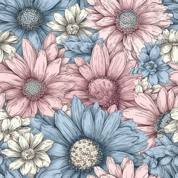 Pink and blue flowers on a white background