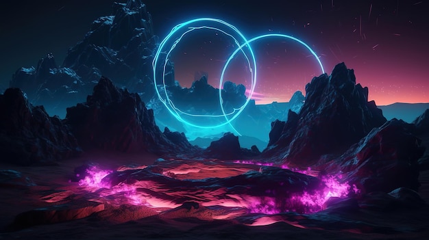 Pink blue glowing ring over terrain round frame virtual reality Generative Ai