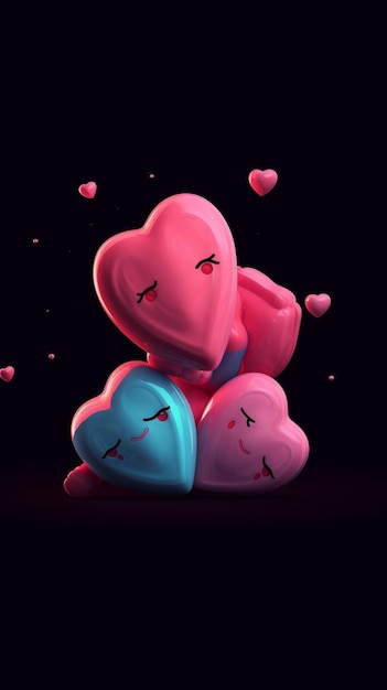 A pink and blue heart shaped candy is sitting on top of a pile of hearts.