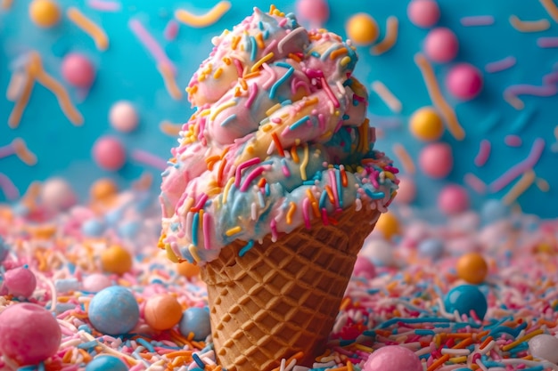 Pink blue ice cream cone with confetti generative ai