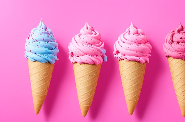 Pink and blue ice cream cones on a pink background