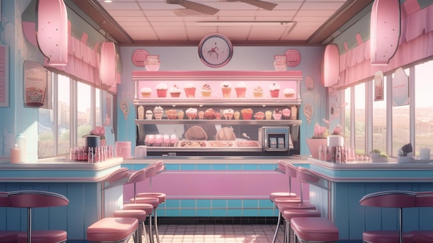 A pink and blue ice cream shop with pink stools generative ai image