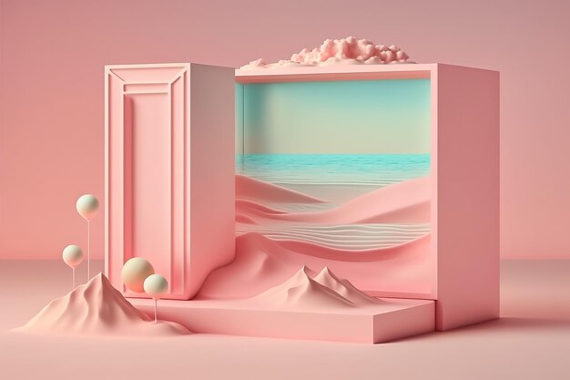 Foto un'illustrazione rosa e blu di un deserto con una scena sulla spiaggia generative ai