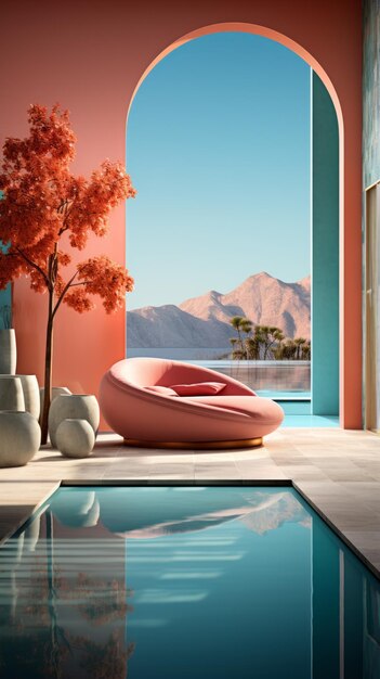 Pink and blue interior design of a house with a pool