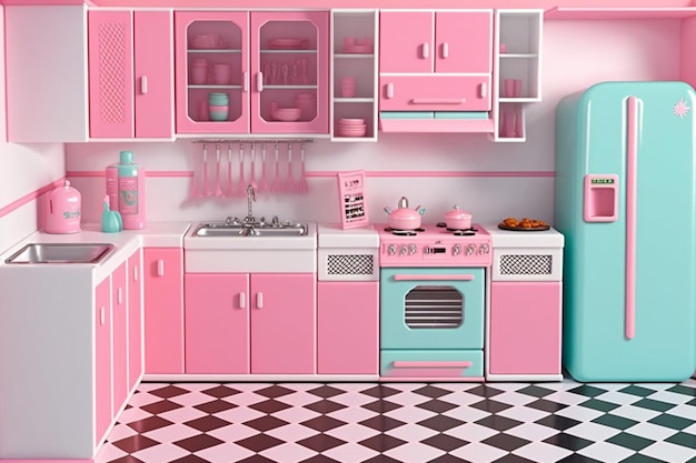 A pink and blue kitchen with a stove and oven.