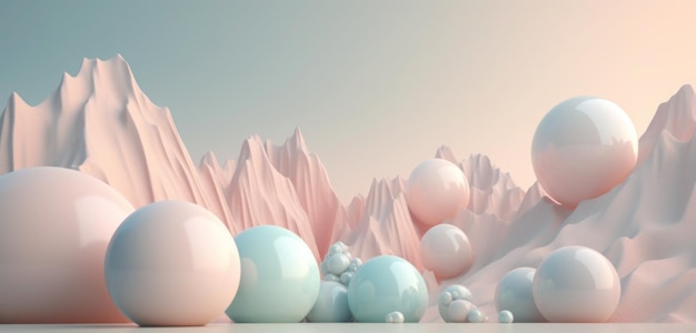 A pink and blue landscape with a mountain and balls.