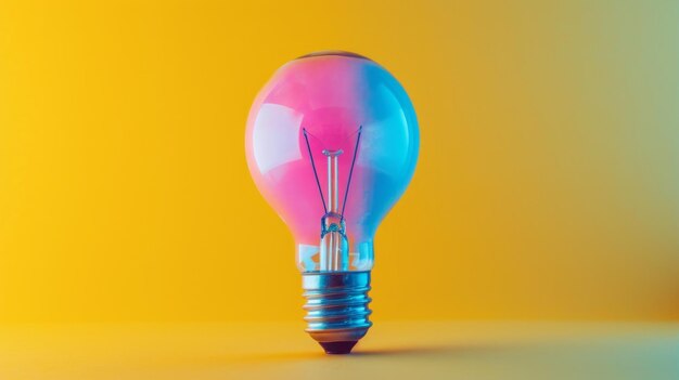 Pink and blue light bulb on yellow background for illumination or decoration