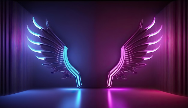 Pink blue lights neon angel wings abstract art geometric background UV spectrum futuristic wallpaper