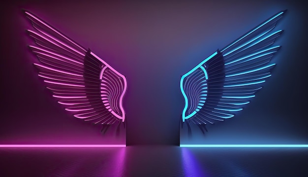 Фото Розовые синие огни неоновые крылья ангела абстрактное искусство геометрический фон уф-спектр футуристические обои
