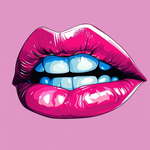 A pink and blue lips painting with blue and white colors.