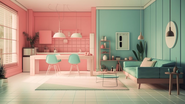 A pink and blue living room with a sofa and a table with a lamp on it.