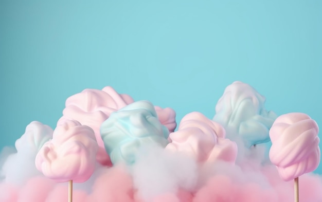 Pink and blue marshmallows on a stick against a blue background