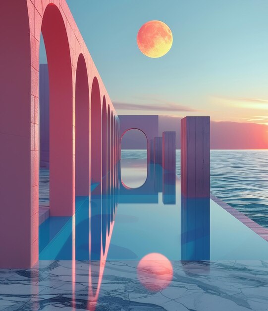 Photo pink and blue minimalist building with archways and pool