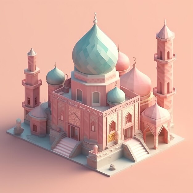 A pink and blue mosque with a dome and a blue dome.