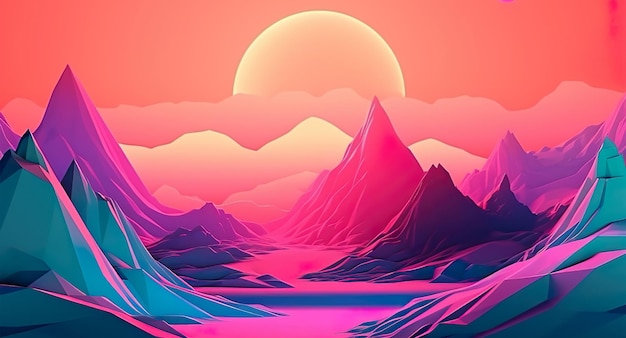 A pink and blue mountain landscape with a blue and pink mountain and a sun