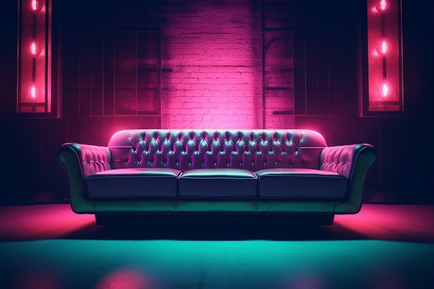 A pink and blue neon couch in front of a brick wall.