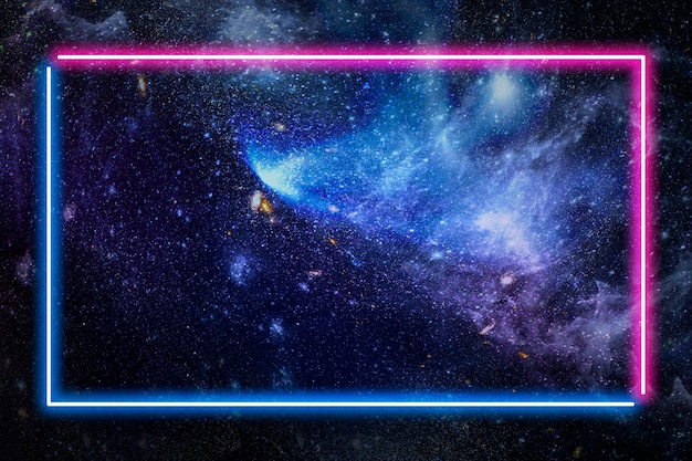 Photo pink and blue neon frame on a dark galaxy background illustration