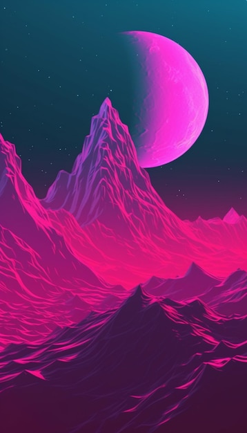 A pink and blue neon landscape with mountains and a planet.