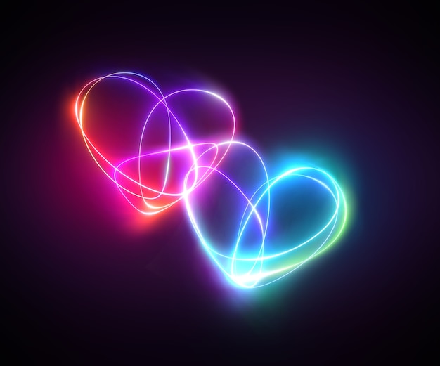 Photo pink blue neon light drawing of couple of hearts