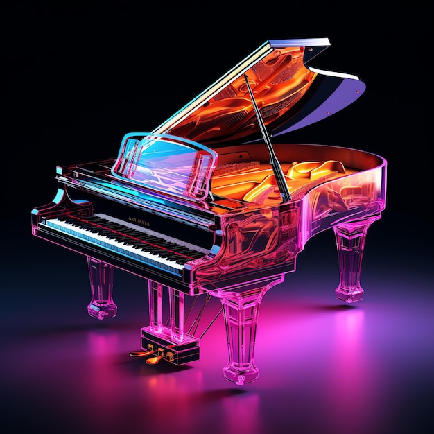 A pink and blue neon lit piano