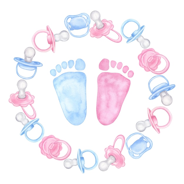 Pink blue pacifier round frame newborn girl boy twins footprints Baby shower gender reveal party Hand drawn watercolor illustration isolated on white background For family surprise party feast