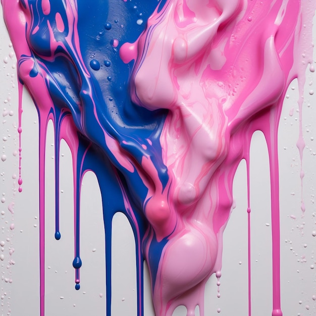 A pink and blue paint is being poured over a white surface