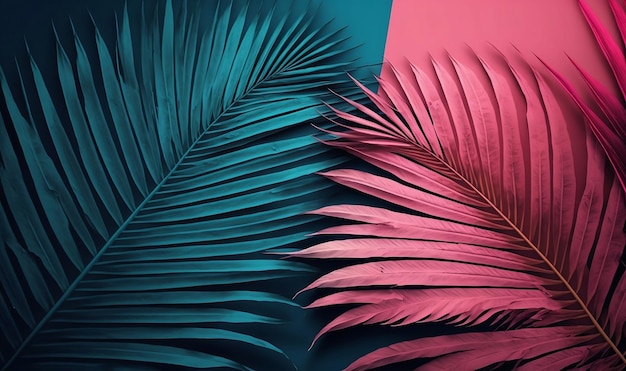 Pink and Blue Palm Leaves on Dual Tone Background for Text or Message Space Generative ai