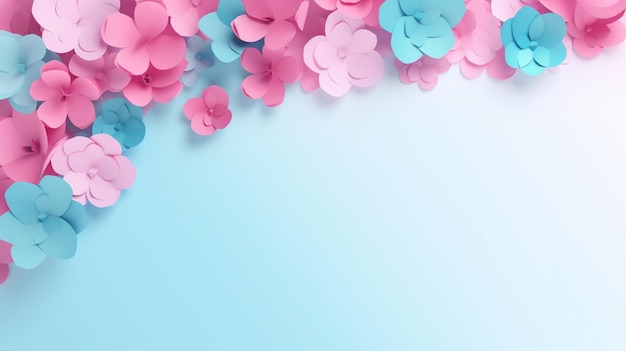 Pink and blue paper flowers on a blue background