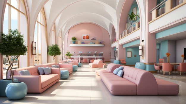 Pink and blue pastel color furnished hotel lobby interior