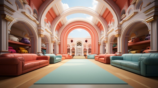 Photo a pink and blue pastel colored room with arched openings and columns and pink and blue couches