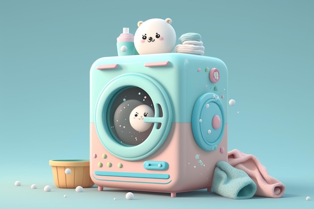 A pink, blue, and pink washing machine with a cute bear on the front.
