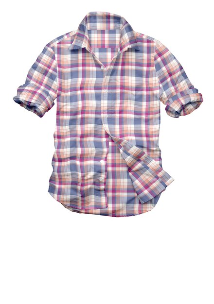 A pink and blue plaid shirt is hanging on a white background.