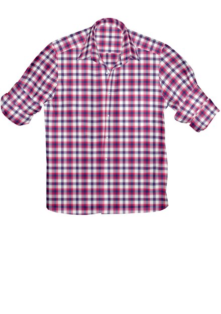 A pink and blue plaid shirt with a white collar