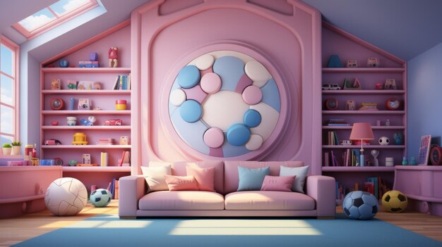 Foto una sala giochi rosa e blu con un divano, tappeti, scaffali e giocattoli