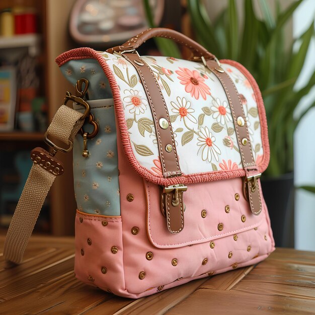 A pink and blue purse sitting on top of a wooden table next to a plant and a clock on a wall