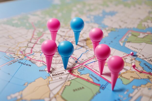 지도로 표시된 위치를 나타내는 분홍색과 파란색의 푸시핀