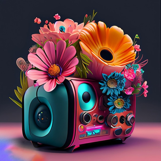 A pink and blue radio with flowers on it