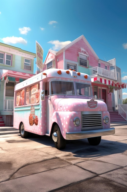 Pink and blue retro ice cream truck in town created using generative ai technology