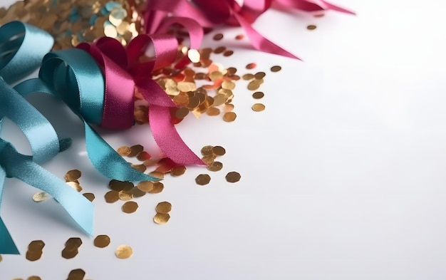 A pink and blue ribbon is scattered on a white background.