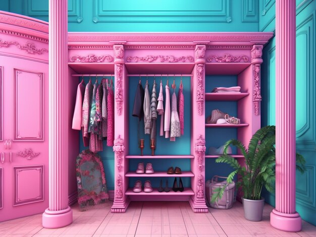 Photo a pink and blue room with a shelf with clothes hanging on it.