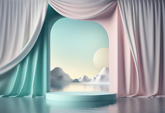 A pink and blue scene with a white curtain and a blue sky with clouds.