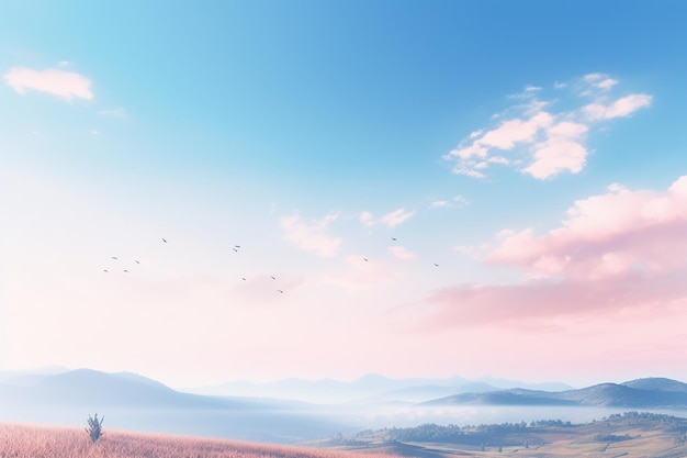 Pink and blue sky with mountains